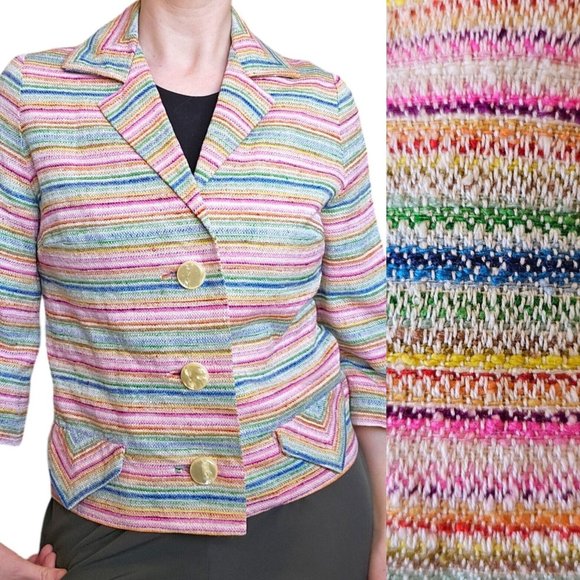 Vintage Jackets & Blazers - Vintage 60s 70s‎ Rainbow Striped Blazer Jacket Small Big Buttons Colorful Pink